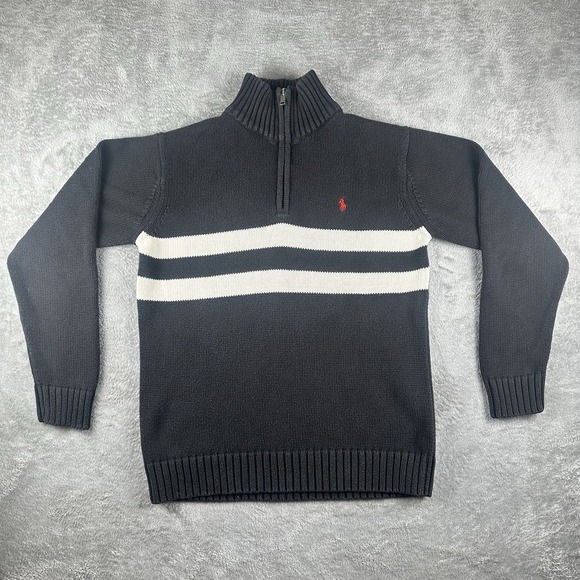 VTG Y2K Polo Ralph Lauren Women's Q Zip Mock Neck Sweater Black Stripe Cotton M - Picture 1 of 13